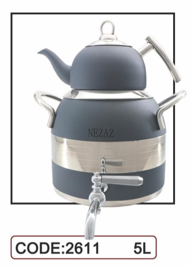 کتری قوری نزاز NEZAZ طرح ترک 5 لیتری طوسی قوری استیل کف چدن کد 2611